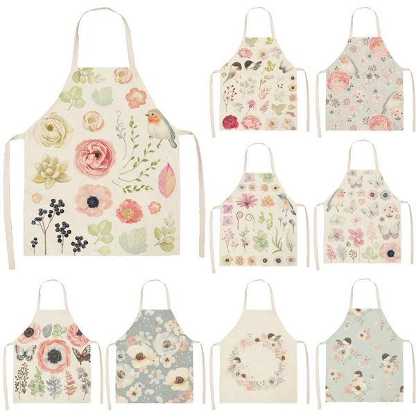

bird flower printed cotton linen brief pinafore kitchen sleeveless apron women home cooking baking waist bib 55x68cm aprons
