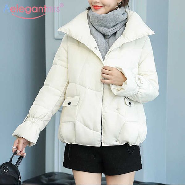 Aelegantmis Giacca invernale da donna Addensare caldo Parka Cappotto Colletto alla coreana Donna Parka Cappotto Donna Bianco Nero imbottito Capispalla 210607