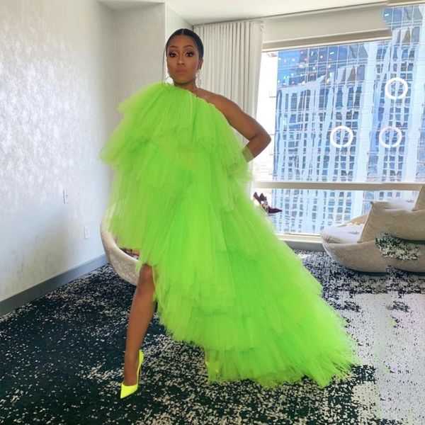 

party dresses chic lemon green tutu evening dress 2022 one shoulder short front long back prom gowns ruffles tiered tulle cocktail, White;black