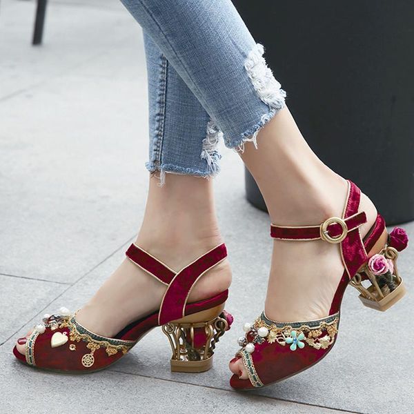 

open toe women summer sandals red velvets bridals wedding shoes gladiator flower hollow cages square high heels zapatos mujer, Black
