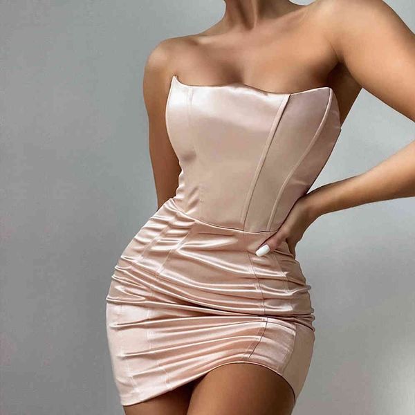 Donne senza spalline Bustier Satin Bodycon Dress Off spalla Solid Backless Club Abbigliamento Outfit Party Wear Corsetto Y2K Mini 210517