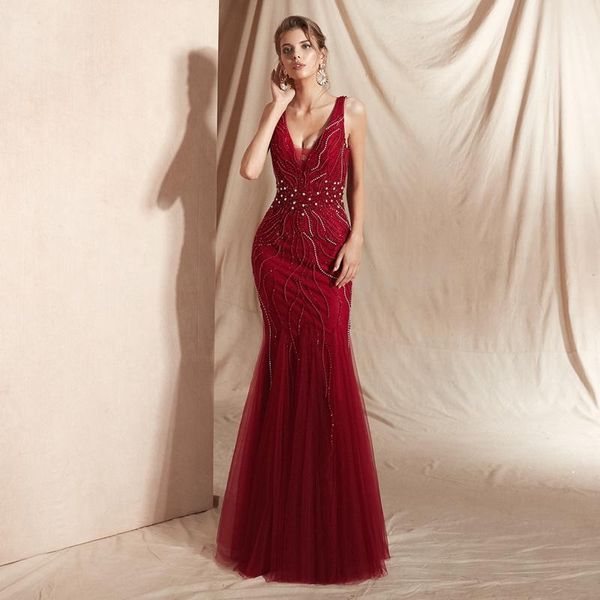 

party dresses wine red prom luxury beading champagne mermaid sleeveless lace v neck backless long floor length elegant evening gowns, White;black