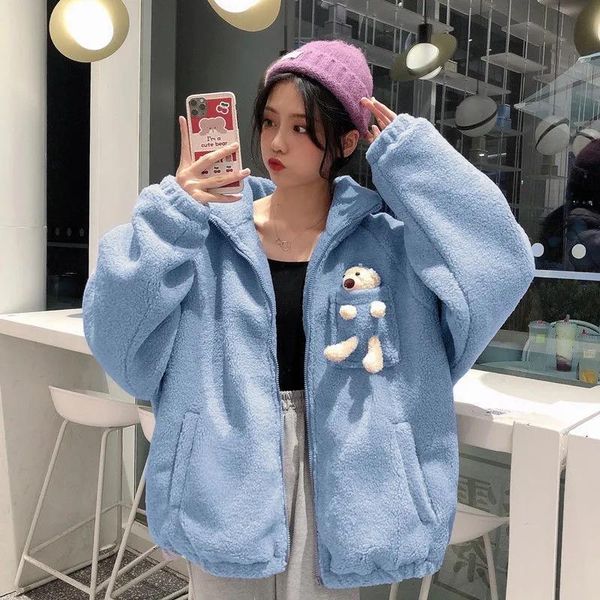 

women's jackets autumn and winter 2021 lamb wool coat korean loose fashion plush thickened cotton, Black;brown