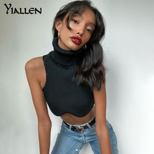 

women's t-shirt yiallen autumn black knitting t shirt women 2021 sleeveless turtleneck fashion solid streetwear casual lady crop top, White