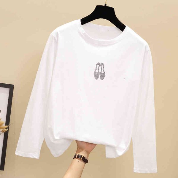 

women's sweaters female white cotton t-shirt, plus size long sleeve embroidered diamond casual basic large 3xg t-shirts lqwl, White;black