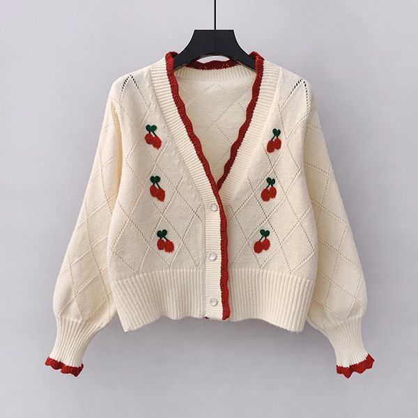 

women's knits & tees sweater female japanese cherry embroidery loose knitting cardigan coat autumn 2021, White
