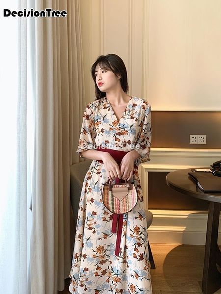 

japanese kimono dress women improved mujer yukata japan flower v neck lady printed with obi ethnic clothing, Red