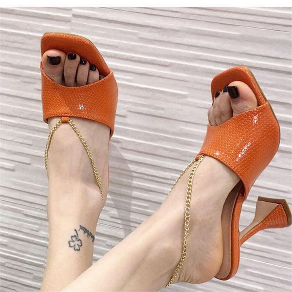 

women sandals heels shoes woman high summer snake print slippers metal chain slip on party, Black