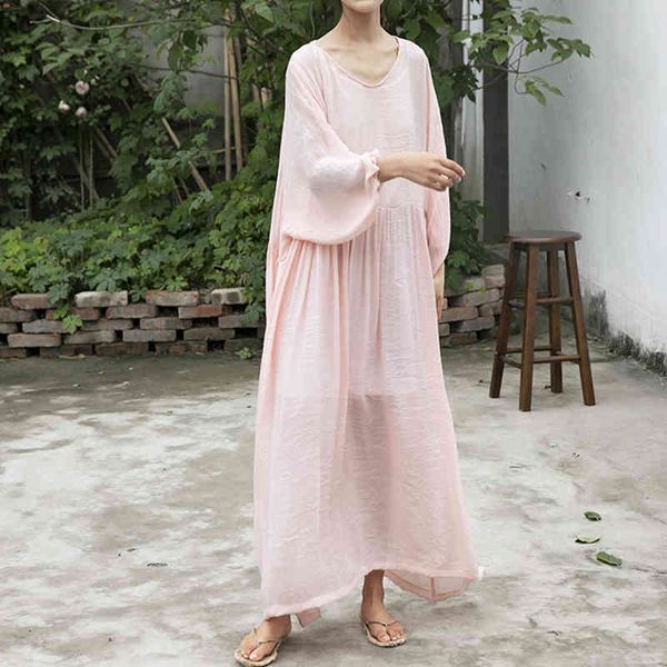 

johnature women summer loose dresses o-neck lantern sleeve robes plus size women clothes thin soft pink dress 210521, Black;gray