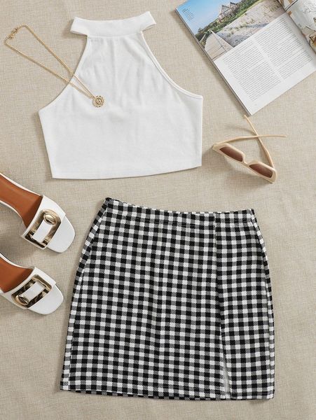 

crop halter & gingham skirt set m4zc#, White