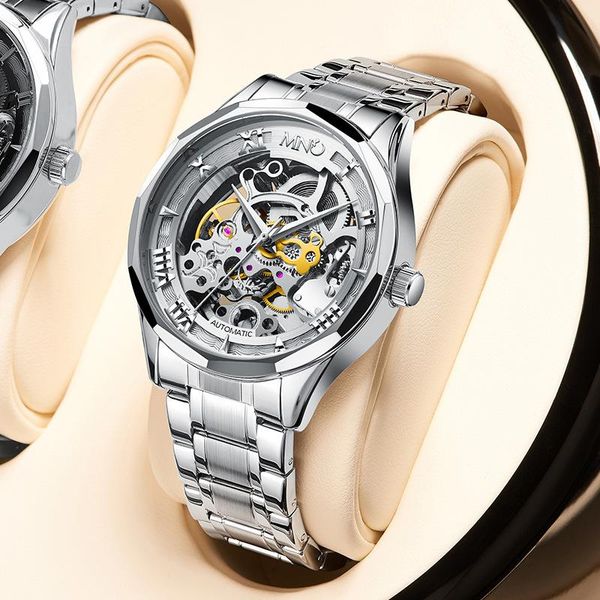 

wristwatches mno brand watch men automatic mechanical mens hollow carved fashion 41mm 30m waterproof luxury multi-functional, Slivery;brown
