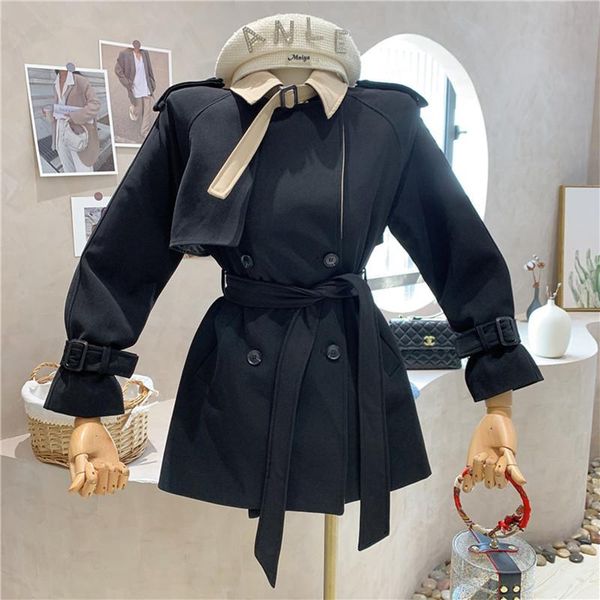 

women's trench coats niche design clothing 2021 autumn winter loose long sleeved fashionable lace up coat windbreaker jacket, Tan;black