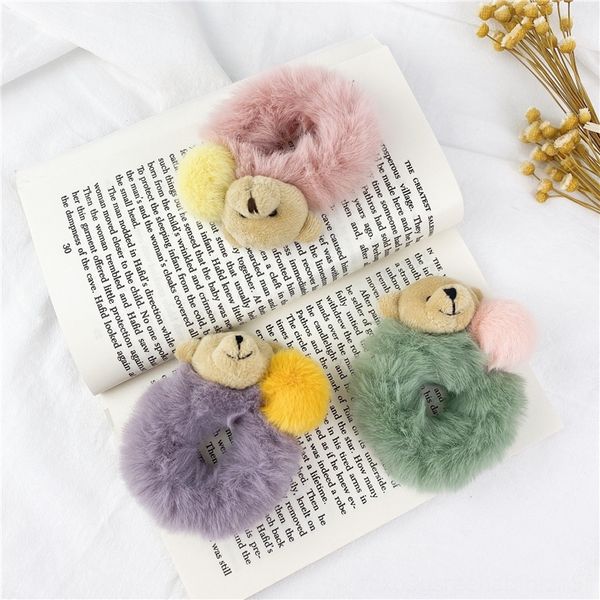 

ut4 korean autumn and winter plush cartoon accessories bear circle children's lovely warm tying versatile accessories hair rope hair ro, Slivery;white
