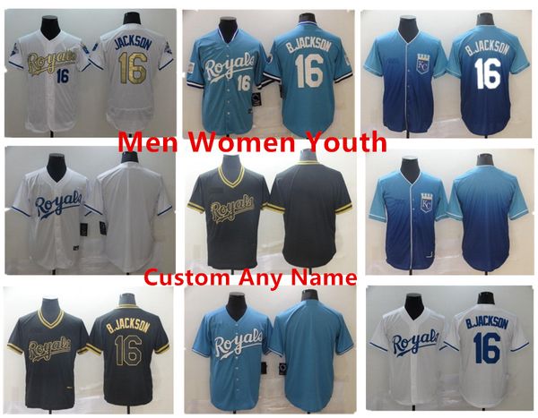 

2021 royals baseball jerseys #16 bo jackson home blue white grey 20 21 men women kids jersey, Blue;black
