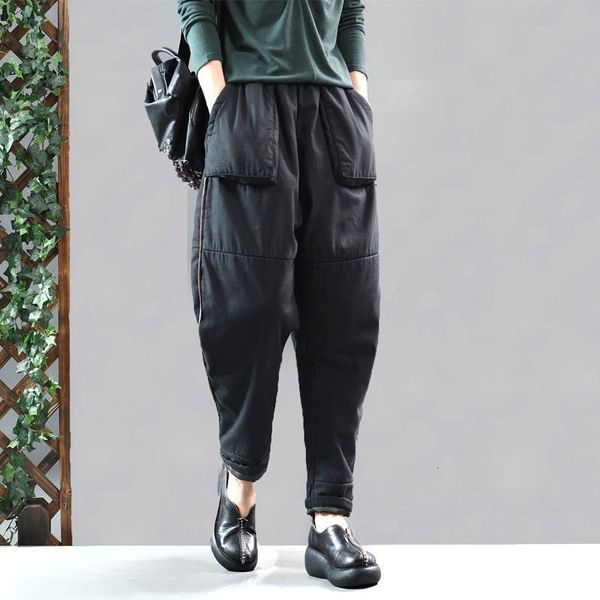

women's jumpsuits & rompers autumn winter arts style women warm thicken cotton harem pants femme elastic waist linen loose vintage v177, Black;white