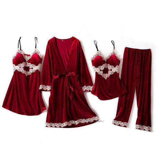 

women's sleepwear autunm winter velour women robe suit long sleeve warm four piece set ladies bathrobe loose casual homewear, Black;red