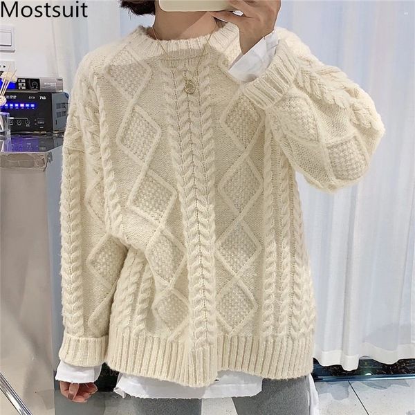 

chic thicken warm twisted women knitted jumpers autumn winter female knitwear casual loose sweaters pullovers femme 210518, White;black