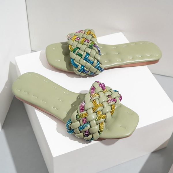

women summer square toe slippers flat sandal crystal weave candy color plus size fashion comfortable 2021 ladies outdoor slipper, Black