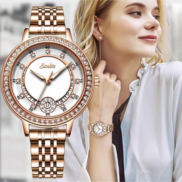 

wristwatches sunkta watches for women montre femme waterproof watch womens fashion relojes para mujer+box, Slivery;brown