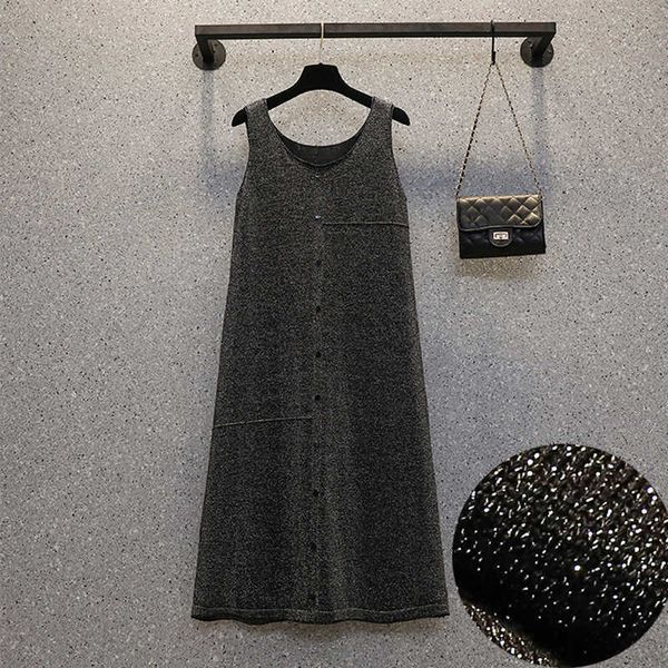 

shiny lurex knitted women sweater dresses spring summer solid v neck sleeveless vestidos slim fit female dress 210604, Black;gray