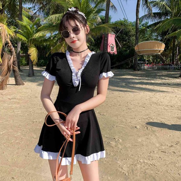 

21 new swimsuits show slim one-piece skirt style small chest, gather together casual solid color swimsuits, beach and korean style, White;black