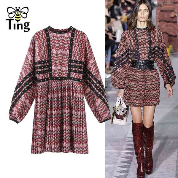

spring runway designer rived pleated mini dress vintage print party dresses casual zr fashion vestido de festa 210513, Black;gray