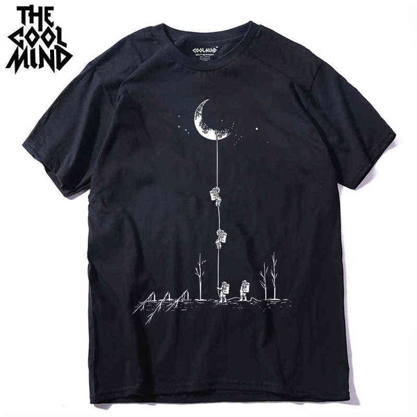 

coolmind mo0120a cotton casual short sleeve moon theam men t shirt o-neck knitted comfortable fabric street style t-shirt 210629, White;black
