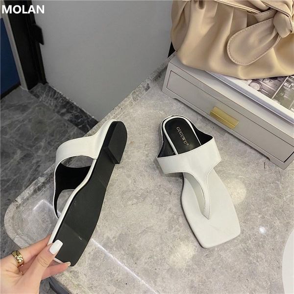 

slippers molan brand designer 2021 summer fashion clip toe flat soft bottom slip on loafers mules leather shoes women casual, Black