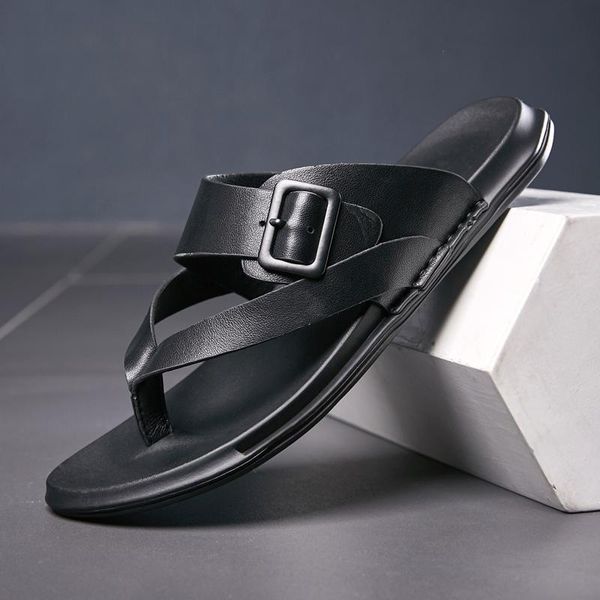 

slippers 2021 summer men flip flops leather solid black casual buckle non-slip outside slides slipers flop shoes