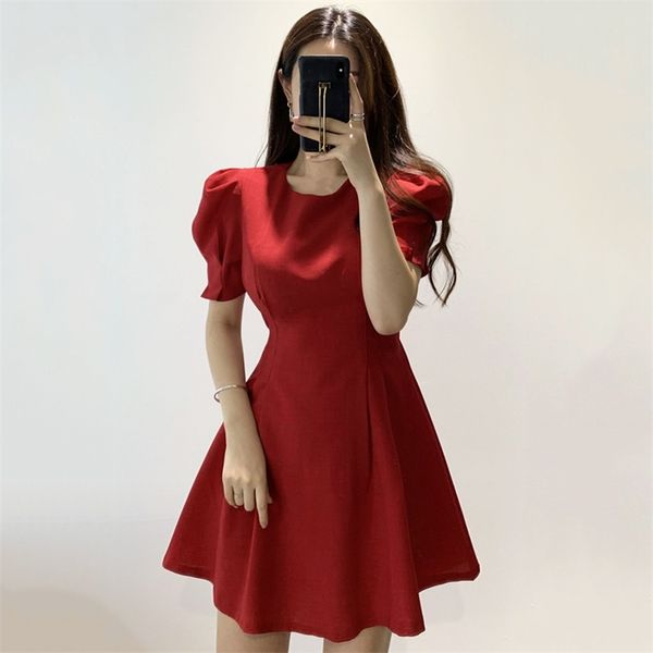 

temperament korean slim dress women high waist hip a line vestidos o neck puff short sleeve solid robe summer 210422, Black;gray