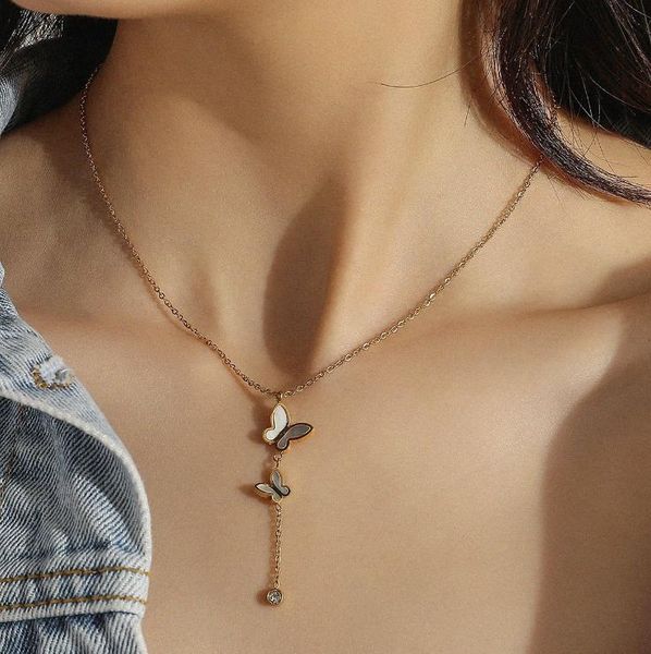 

women fashion 316l titanium steel neckalces butterfly pendant necklaces mother-of-pearl double tassel, Silver