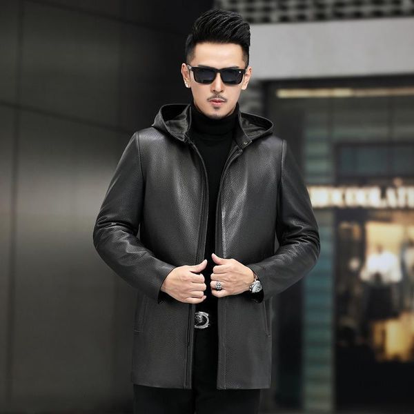 

men's leather & faux high end autumn / winter deerskin medium and long hoodie business windbreaker 6gld, Black