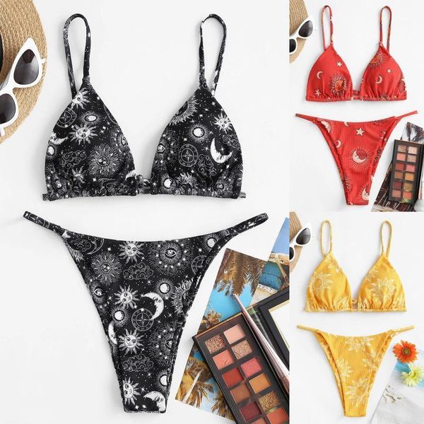 

women's swimwear bikini set women brazilian beachwear sun and moon print swimsuit kostium kapielowy biquinis 2021, White;black