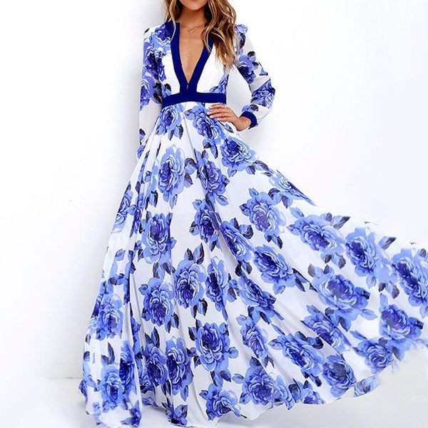 

casual dresses donsignet fashion women's dress summer v-neck hedging print ruffled waist big swing long-sleeved, Black;gray