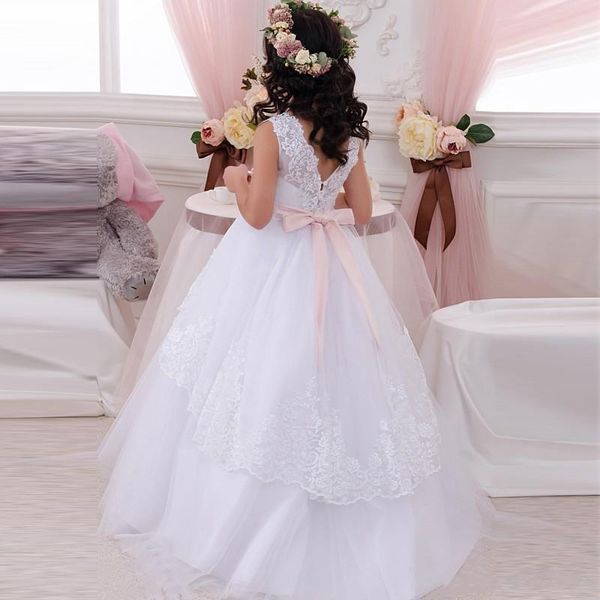 

girl's dresses white puffy tulle lace flower girl dress for wedding o neck light pink ribbon kids first communion, Red;yellow
