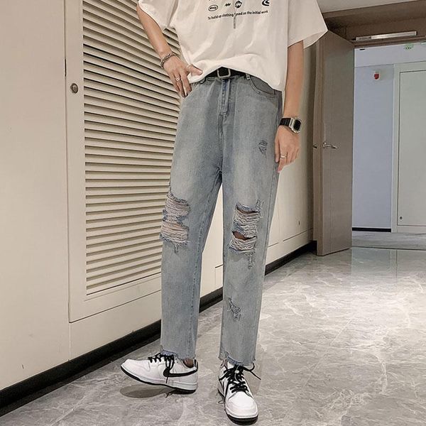 

men's jeans ripped men's summer thin section loose straight wide-legged ankle-length trousers trend tide brand korean version, Blue