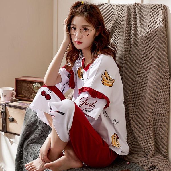 

sleepwear  -4xl plus size spring new cotton short sleeve pajamas loose leisure women sleepwear set girl p, Black;red