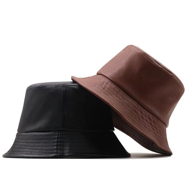 

wide brim hats simple leather bucket hat women reversible pu and cotton soild sun fashion bob panama autumn waterproof girl fisherman, Blue;gray