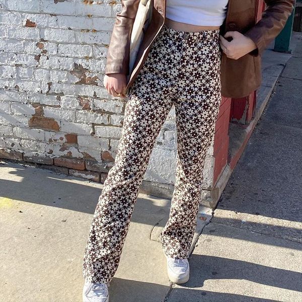 

90s y2k trouser clothes vintage womens capri floral printing high waist straight full length indie streetwear aesthetics, Black;white