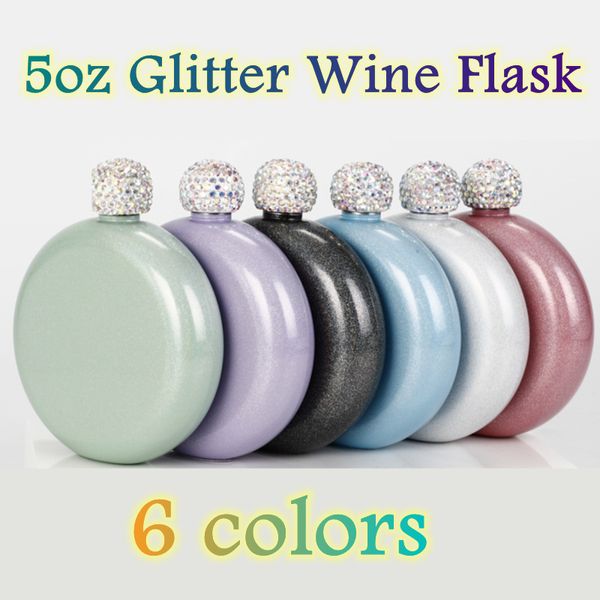 5oz Glitter Flask Paslanmaz Çelik Şarap Pot Viski Kalça Şişeler Termos Elmas Kapak Ile 6 Colos Likör Alkol Yuvarlak Taşınabilir Seyahat Su Kahve Şişeleri