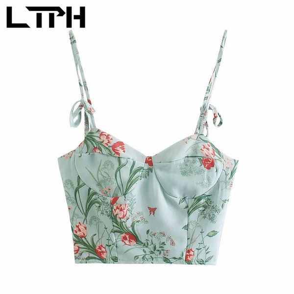 

vintage chiffon print floral women sleeveless tanks crop short elastic slim corset camisole summer 210427, White