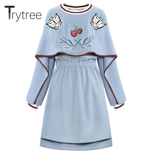 

casual dresses trytree dress autumn butterfly embroidery women batwing sleeve o-neck shirt above knee polyester straight, Black;gray