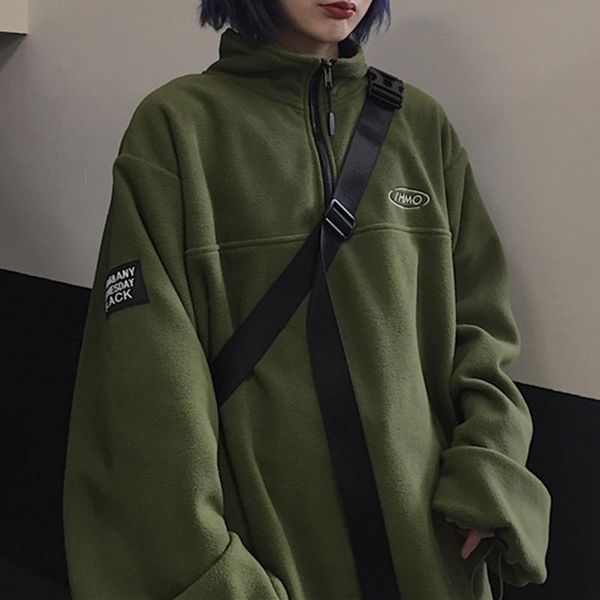 

hoodies women harajuku retro trend letter embroidery zipper stand collar polar fleece warm winter female hoodie women's & sweatshirts, Black