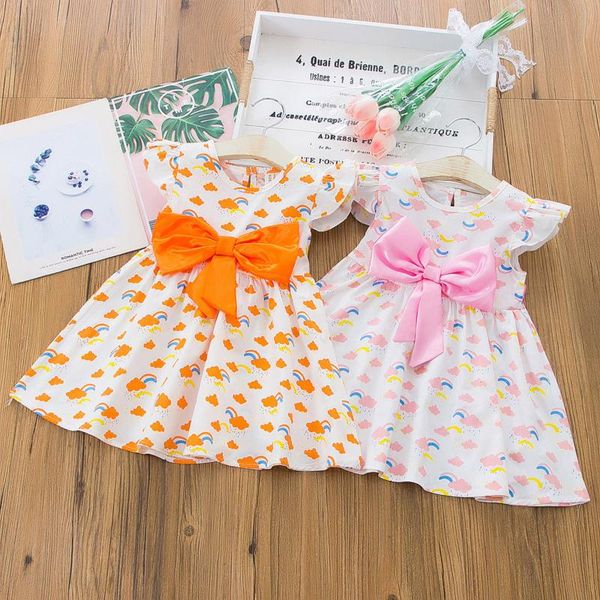 

girl's dresses children toddler baby kids clothes girls summer solid o-neck flying sleeve bowknot rainbow print dress princess, Red;yellow