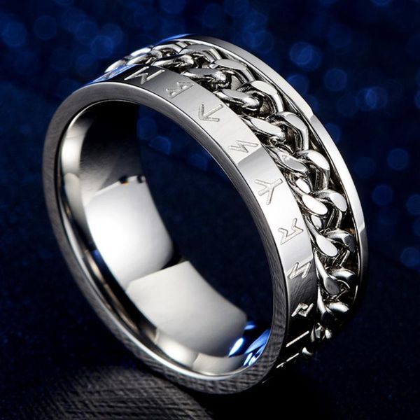 

wedding rings men's 8mm stainless steel chain spinner ring band with viking rune odin norse text jewelry gold silver black, Slivery;golden