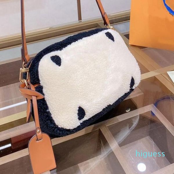 

designer- fashion winter teddy camera bag ladies shoulder bag messenger wallet classic letter handbag wool patchwork color removable bag
