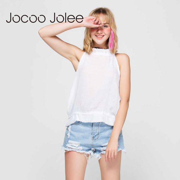 Jocoo Jolee Summer Woman Tops Halter шеи без бретелек сексуальные без спинки повседневные камиссета танковые топы жилет оборками белый танк вершины 210619