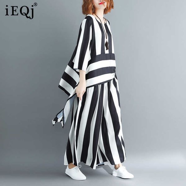 

[ieqj] summer women round collar irregular loose hem stripe shirt elastic suit casual waist two piece set bl641 210929, White