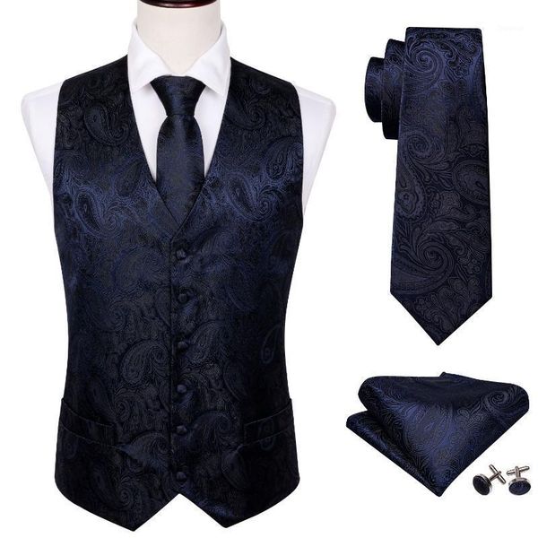

men's vests silk waistcoat for men slim suit vest deep blue paisley necktie set handkerchief cufflinks business barry.wang, Black;white