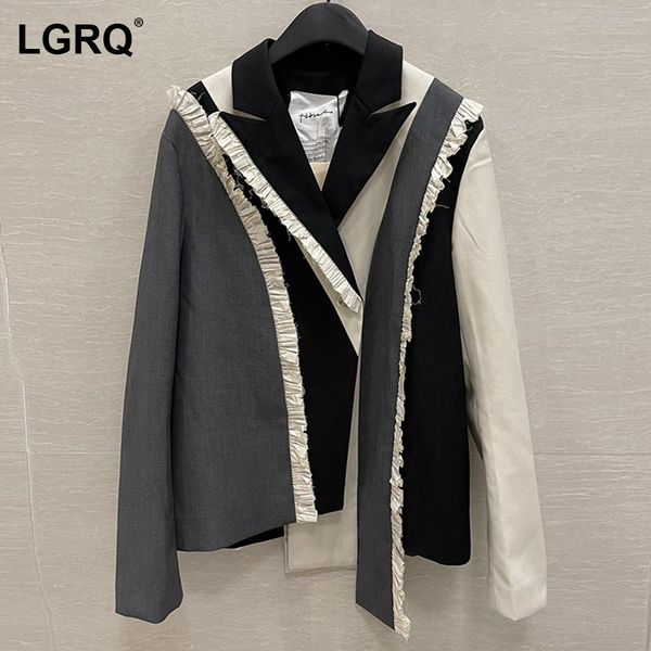 

women's jackets [lgrq] loose casual ruched patchwork jacket lapel long sleeve england style coat fashion spring autumn 2021 19d4867, Black;brown